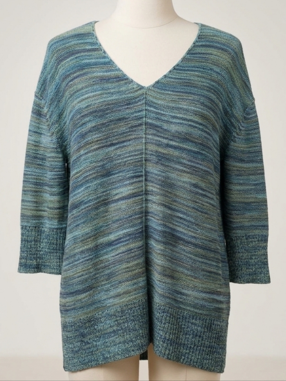 White Stag Aqua Blue Green V-Neck Sweater Large (12/14) 3/4 Sleeve Lightwieght